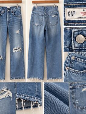 GAP Light Blue Distressed Wide-Leg Low-Rise Jeans